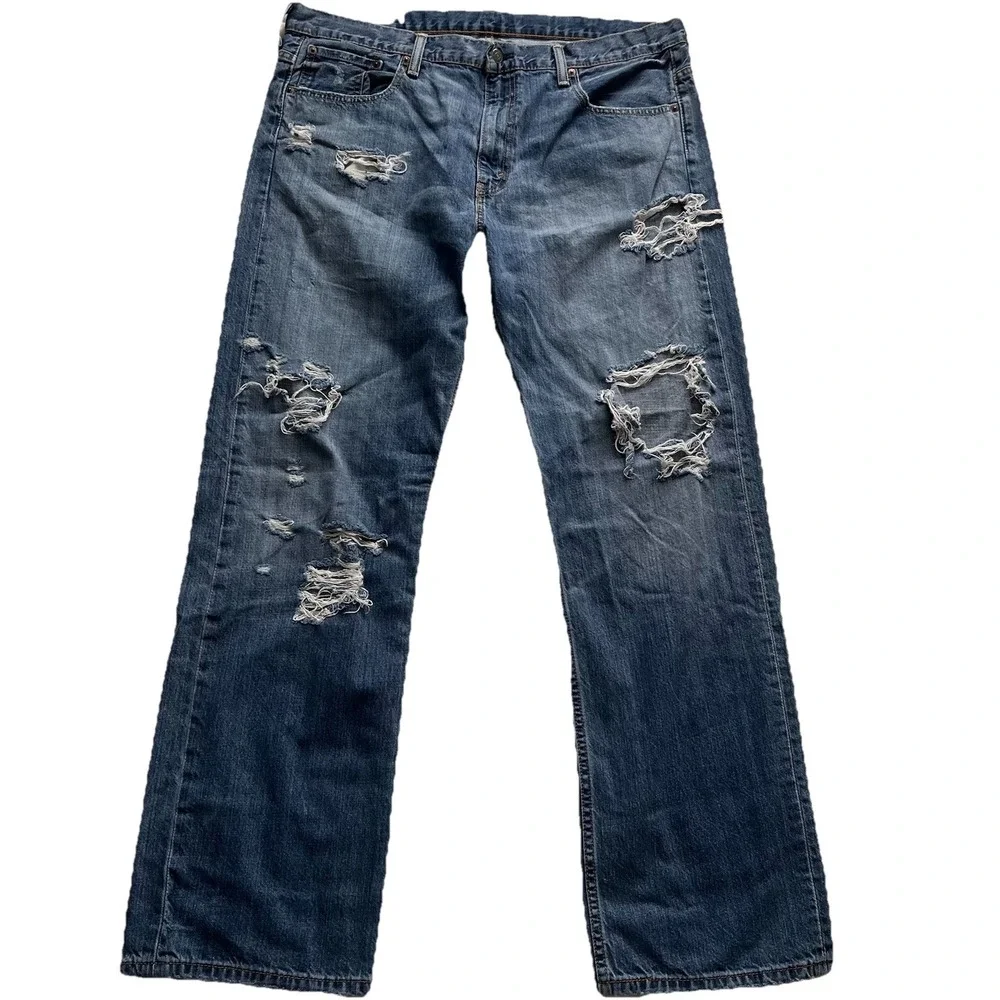 Levis 569 Loose Straight Fit Jeans Mens 38x32 Blue Dark Wash Denim distressed